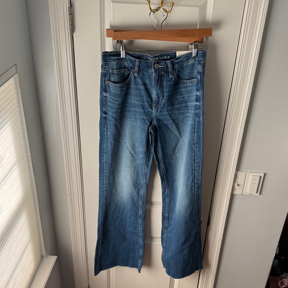 American Eagle Outfitters Low-Rise Baggy Flare Blue Jeans